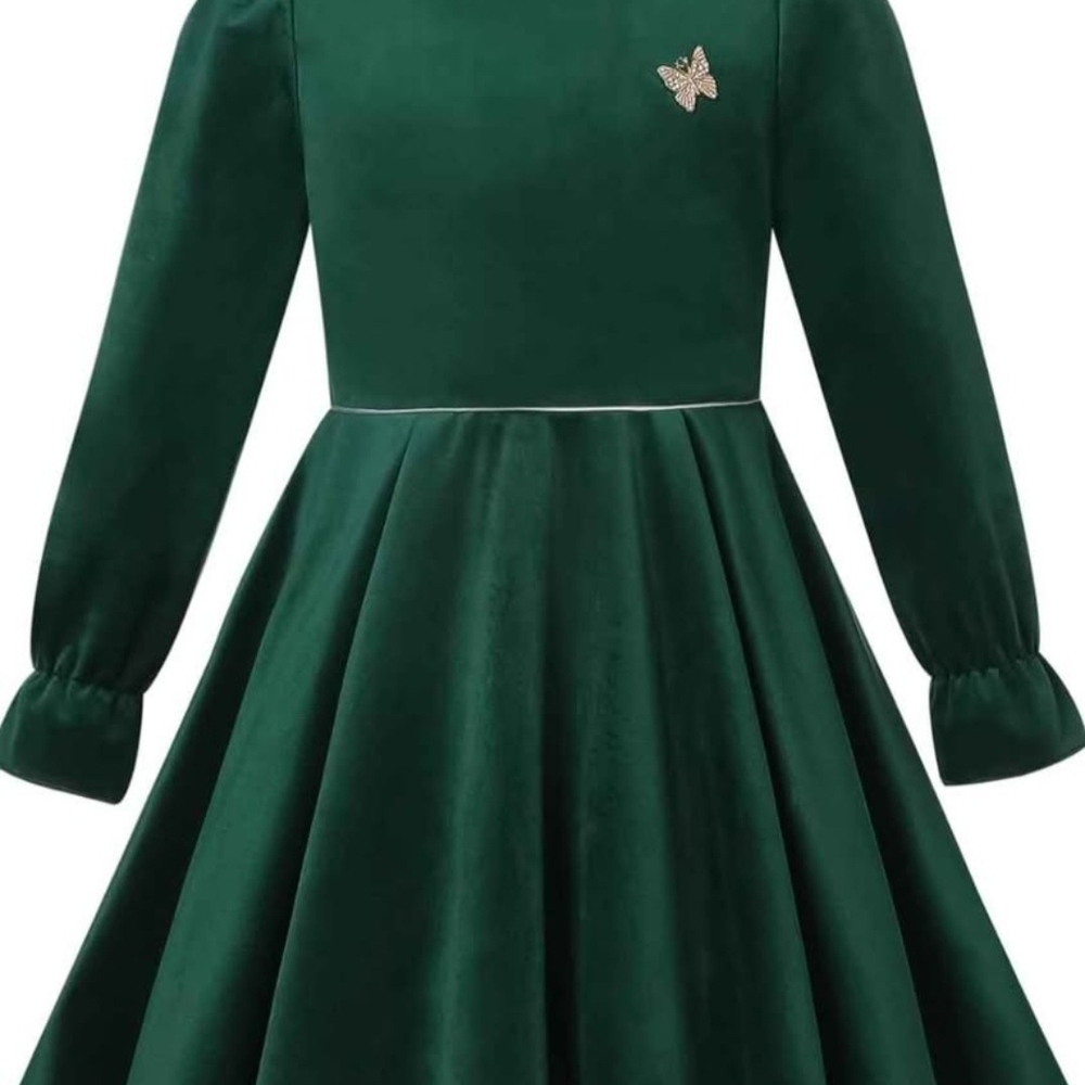 Elegant Green Velvet Dress with Butterfly Accent